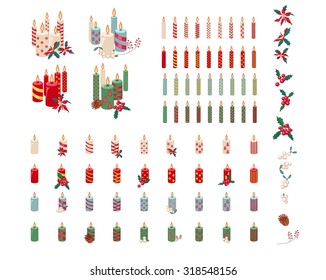Set of different candles with Christmas decoration isolated on white