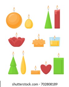 Set of different candles on white background. Vector flat illustration.