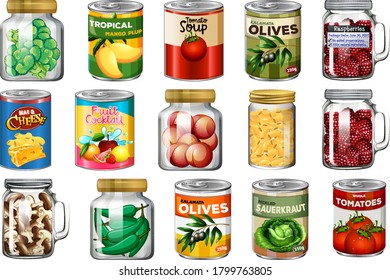 Set of different canned food and food in jars isolated illustration