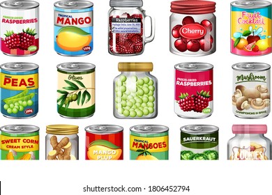 Set of different canned food and food in jars isolated illustration