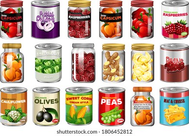 Set of different canned food and food in jars isolated illustration