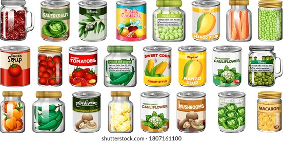 Conjunto de diferentes alimentos en lata y alimentos en jarras ilustraciones aisladas