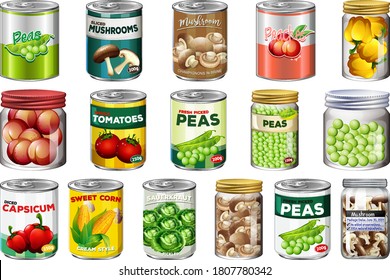 Set of different canned food and food in jars isolated illustration