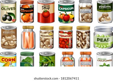Set of different canned food and food in jars isolated illustration
