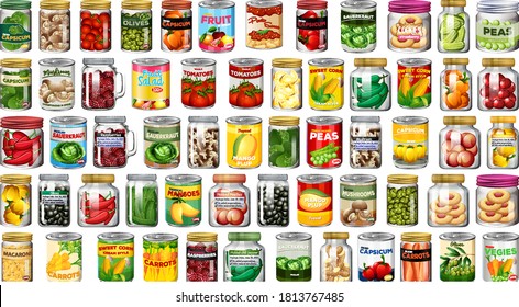 Set of different canned food and food in jars isolated illustration