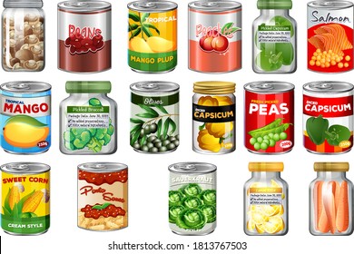 Set of different canned food and food in jars isolated illustration