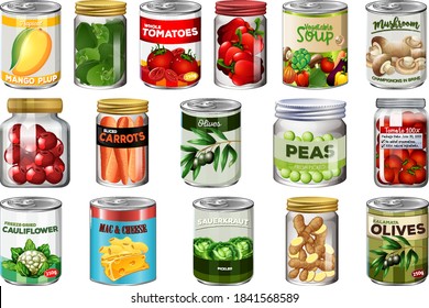 Set Of Different Canned Food And Food In Jars Isolated Illustration