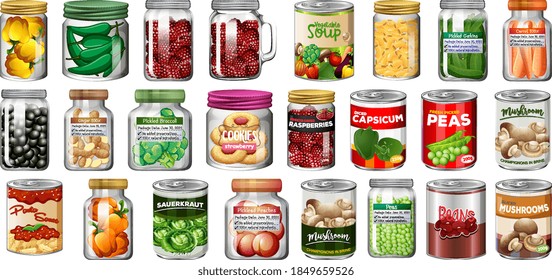Set of different canned food and food in jars isolated illustration