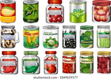 Set of different canned food and food in jars isolated illustration