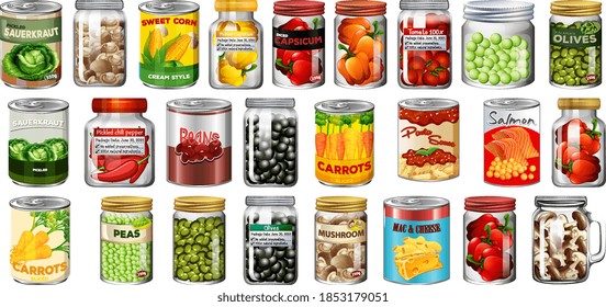 Set of different canned food and food in jars isolated illustration