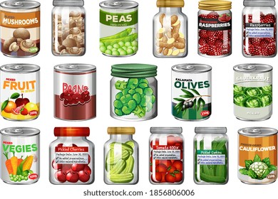 Set of different canned food and food in jars isolated illustration