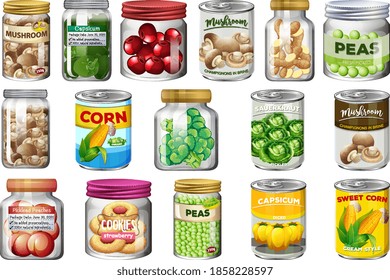 Set of different canned food and food in jars isolated illustration