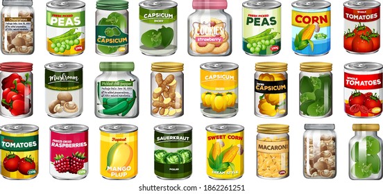 Set of different canned food and food in jars isolated illustration