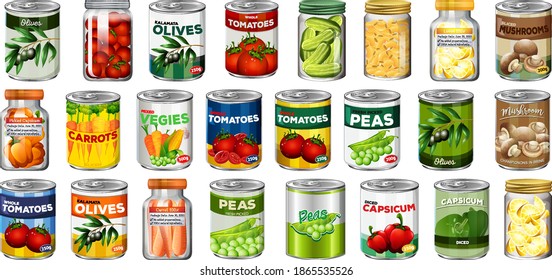 Set of different canned food and food in jars isolated illustration