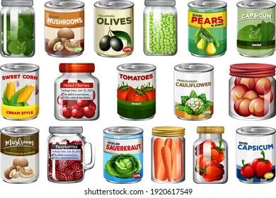 Set of different canned food and food in jars isolated illustration