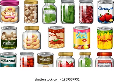 Set of different canned food and food in jars isolated illustration