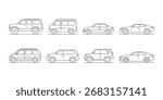 Set of different car body types in minimalist line art style