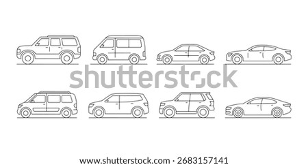 Set of different car body types in minimalist line art style