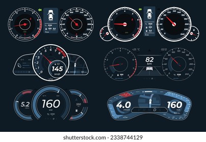 Set of different car dashboards with sensors. Measurement of car speed and engine revolutions. Vector illustration