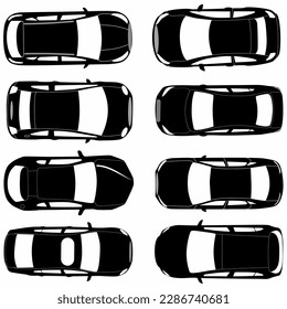 set of different Car silhouettes viewed from above, logos, icons