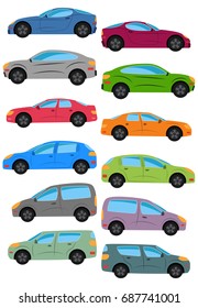 Set of different car types. Multicolored Cars Collection. Isolated vector illustration.
