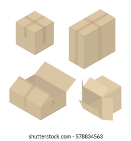 Set of different cardboard boxes. Closed and opened square containers. Isometric flat style. Vector illustration art.