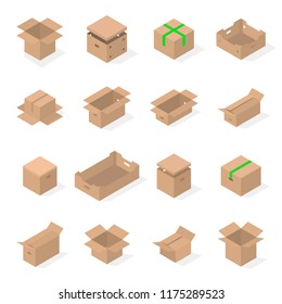 Set of different cardboard boxes isolated on white background. Packaging design elements. Flat 3D isometric style, vector illustration.