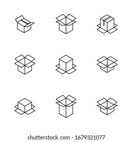 Conjunto de diferentes cajas de cartón de líneas finas aisladas en fondo blanco. Elementos de diseño de embalaje. Estilo isométrico plano 3D, ilustración vectorial.