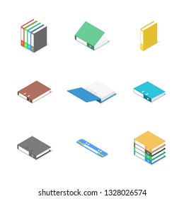 Set of different cardboard file folders isolated on white background. Flat 3d isometric style, vector illustration.