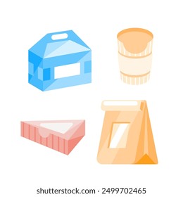 Set of different cardboard packaging for food delivery including a box for noodles, a box for cake and a paper bag.