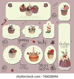Eine Reihe verschiedener Karten mit traditionellen Winterdesserts und Deko. Vorlage für Saison und Weihnachtsdesign, Grußkarten, Einladungen und Dekoration.