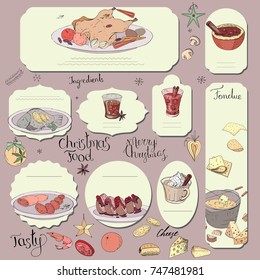 Set of different cards with traditional winter food and drinks. Template for season and Christmas design, greeting cards,invitations and decoration.