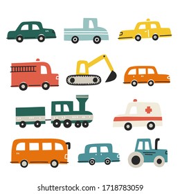 Set of different cars. Hand drawn vector illustration for kids textile design.