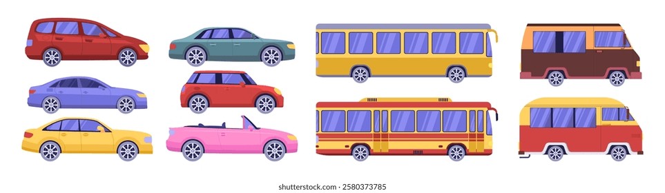 Set of different cars on an isolated background. Passenger cars, buses, minibuses. Vector collection in a flat style