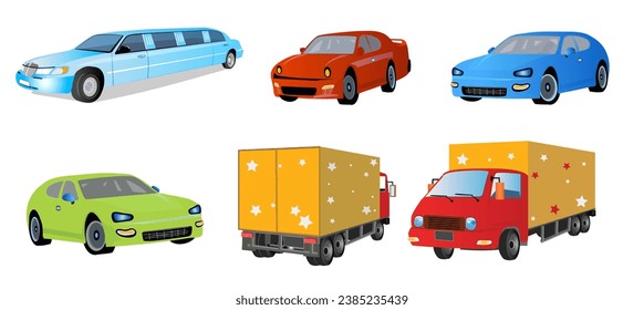 Set of different cars in realistic style for design elements. Vector illustration isolated on white background.