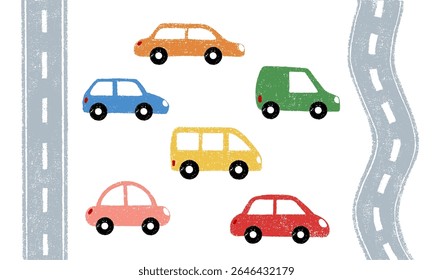 Set of different cars and roads kid drawing chalk pastel crayon or pencil texture. Children hand drawn vector illustration design elements.