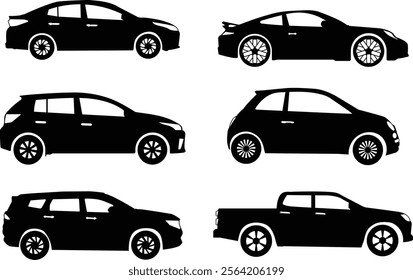 Set of different cars silhouettes isolated on white background	