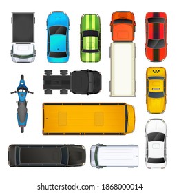 Set of different cars top view, isolated on white