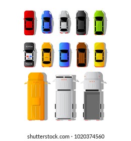 Set of different cars and trucks in top view, isolated on white