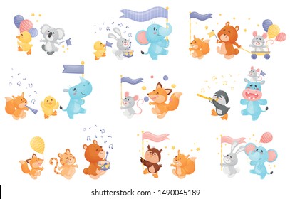 Set of different cartoon animals with musical instruments at the parade. Vector illustration on a white background.