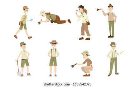 Set of different cartoon archaeologist characters at work. Vector illustration in flat cartoon style.
