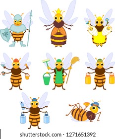 Set of different cartoon bee social castes isolated on white background