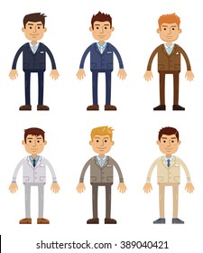 Set of different cartoon businessman characters. Cheerful businessman in dark, white, brown, light, grey suit. Business team. Flat style vector illustration
