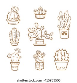 Set different cartoon cacti in pots. Eight species of succulents. Vector contour image. Doodle style. Transparent background. 