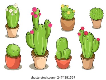 conjunto de diferentes cactus de dibujos animados en olla, Ilustración vectorial	