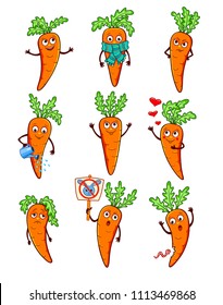 Set of different cartoon carrots. Vector illustration isolated on white.