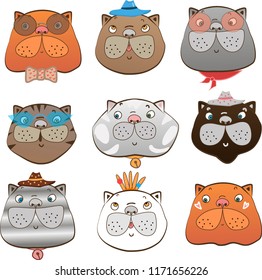 Set of different cartoon cats in different colors.