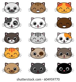 Set of different cartoon cats in different colors