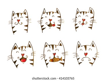 Set of different cartoon cats with funny emotions
