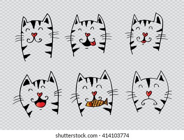 Set of different cartoon cats with funny emotions